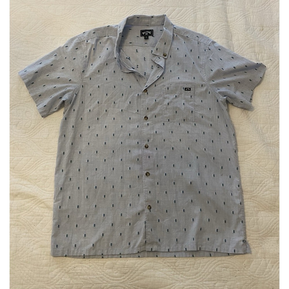Billabong Men's Gray Blue Geometric Cotton Short Sleeve Button-Up Shirt Size L